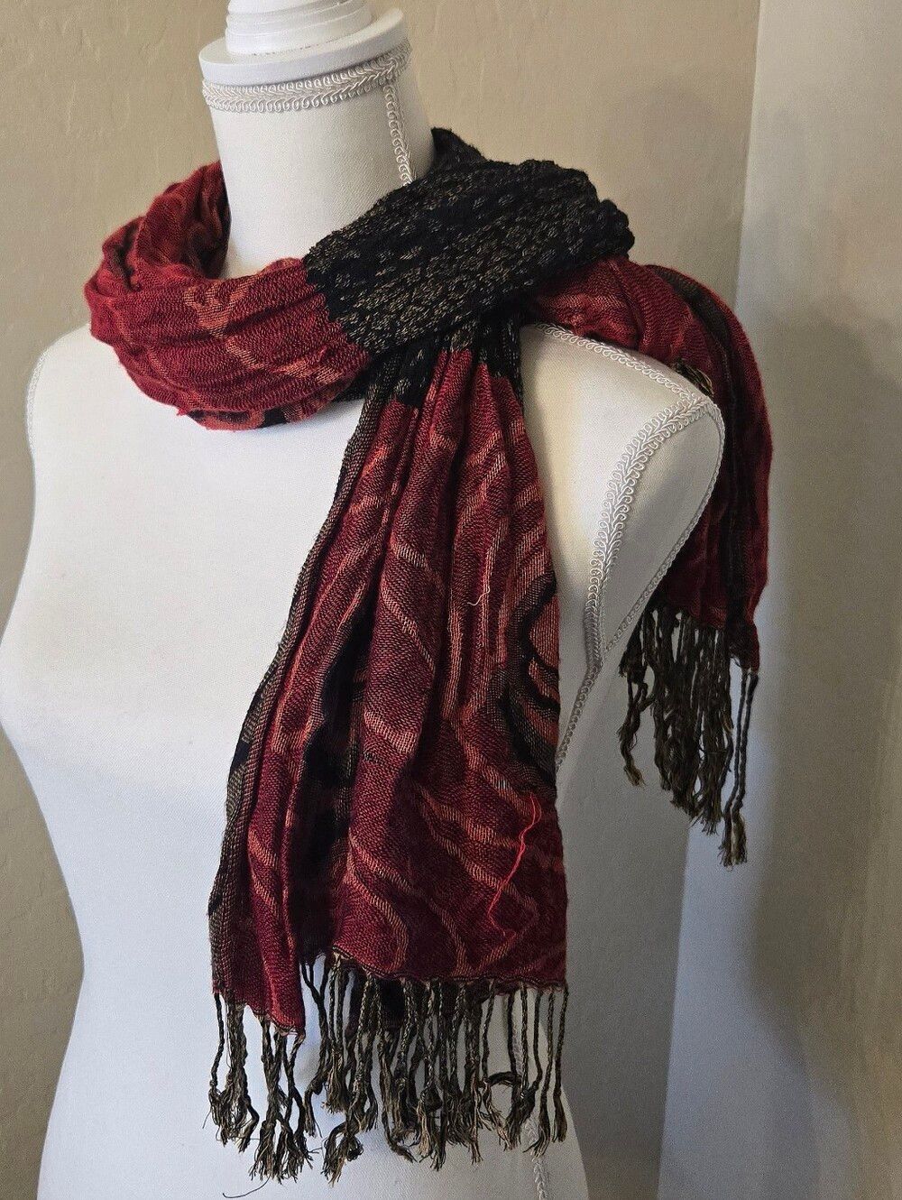 Ruby Red and Black Rose Patterned Fringed Scarf